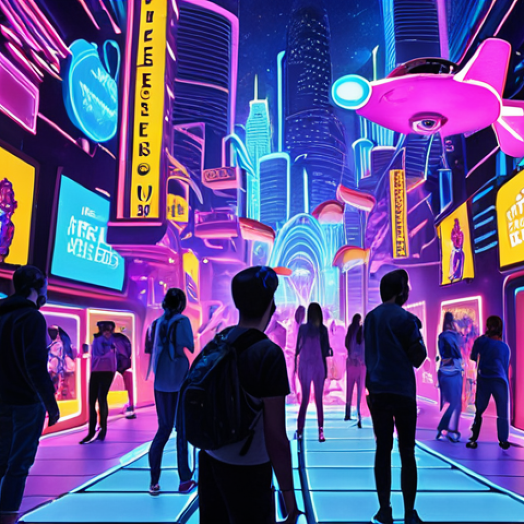 **Vibrant Metaverse Festival Hub:** A bustling virtual cityscape in a metaverse, filled with colorful avatars interacting, holographic stages showcasing live music, interactive art installations with glowing elements, and personalized virtual spaces visible in the background. Focus on a lively, engaging atmosphere with a phygital element like a drone delivering a real-world beverage to a user's avatar.