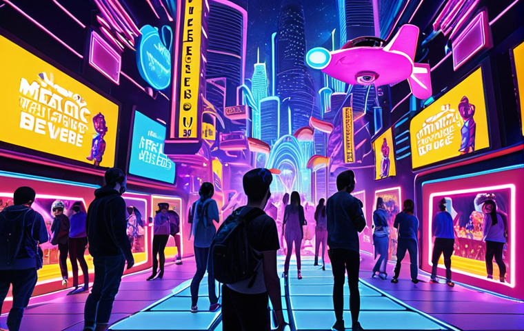 **Vibrant Metaverse Festival Hub:** A bustling virtual cityscape in a metaverse, filled with colorful avatars interacting, holographic stages showcasing live music, interactive art installations with glowing elements, and personalized virtual spaces visible in the background. Focus on a lively, engaging atmosphere with a phygital element like a drone delivering a real-world beverage to a user's avatar.