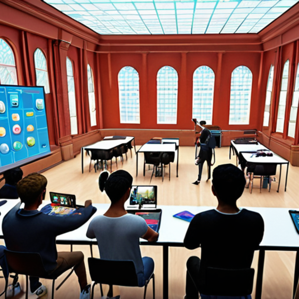 **Prompt:** A vibrant, bustling virtual university in the metaverse. Students from diverse backgrounds collaborate in interactive classrooms, attending lectures by world-renowned professors via holographic projections. Incorporate elements of gamified learning, with students experimenting with 3D models and simulations. The overall aesthetic should be futuristic and optimistic.