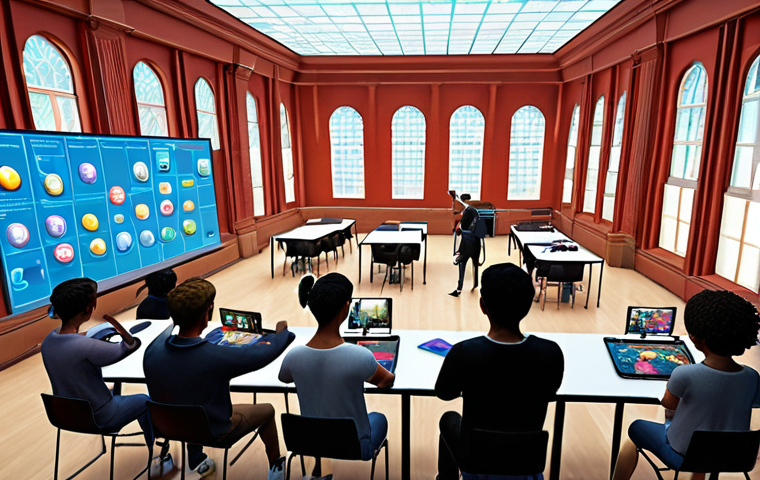**Prompt:** A vibrant, bustling virtual university in the metaverse. Students from diverse backgrounds collaborate in interactive classrooms, attending lectures by world-renowned professors via holographic projections. Incorporate elements of gamified learning, with students experimenting with 3D models and simulations. The overall aesthetic should be futuristic and optimistic.