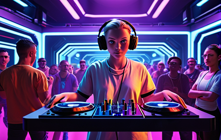 **A young, trendy DJ from Krakow performing a live set in a vibrant, futuristic virtual club in Decentraland. The avatar is energetic and dynamic, bathed in colorful neon lights. Attendees from around the world are represented as diverse avatars dancing and interacting. Instagram and Facebook live stream icons are subtly visible in the corner.** (This visualizes the rise of a local artist finding international fame in the metaverse, emphasizing the global audience and the Polish origin.)