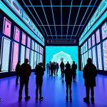 A diverse group of fully clothed avatars, representing various age ranges in a family-friendly manner, engaging in collaborative digital art creation on large, luminous walls within a vibrant, futuristic metaverse festival environment. The avatars are adorned in modest, trendy, and appropriate attire, perfectly suited for a virtual event. Dynamic, colorful lighting illuminates the scene, highlighting intricate digital installations. The overall atmosphere is energetic and collaborative, emphasizing community building. Perfect anatomy, correct proportions, natural poses, well-formed hands, proper finger count, natural body proportions. High-resolution, professional photography, ultra-detailed, safe for work, appropriate content, fully clothed, family-friendly.