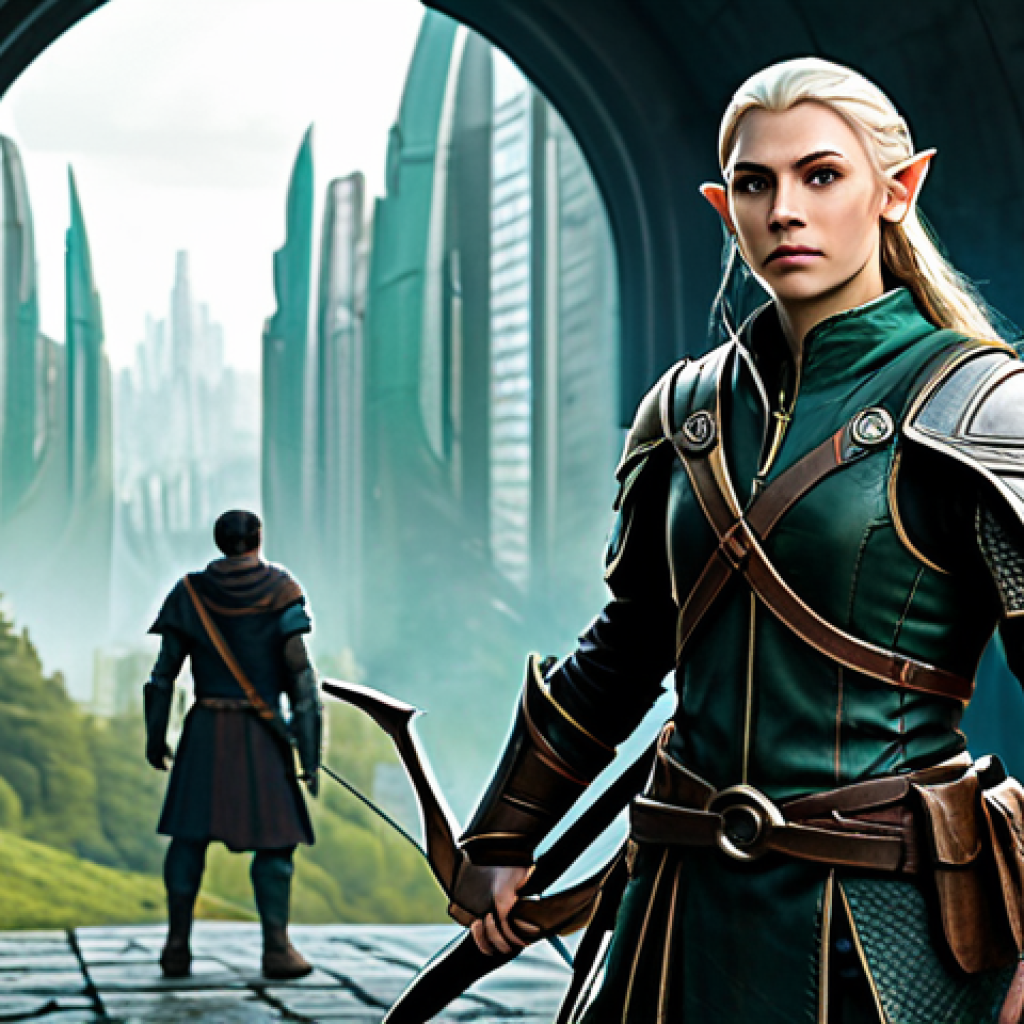 Zderzenie Światów (Clash of Worlds) - RPG Scene**

"A fully clothed elven archer in modest leather armor, standing in front of a portal leading to a futuristic city, appropriate attire, safe for work, perfect anatomy, correct proportions, dynamic pose, lush fantasy forest in the background, digital art, professional, family-friendly"

**