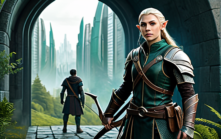 Zderzenie Światów (Clash of Worlds) - RPG Scene**

"A fully clothed elven archer in modest leather armor, standing in front of a portal leading to a futuristic city, appropriate attire, safe for work, perfect anatomy, correct proportions, dynamic pose, lush fantasy forest in the background, digital art, professional, family-friendly"

**