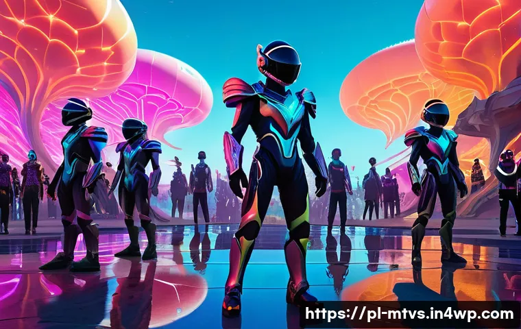 메타버스 페스티벌 참여자들의 후기와 평가 - A highly detailed, vibrant, wide-angle shot of a futuristic metaverse music festival. The scene feat...