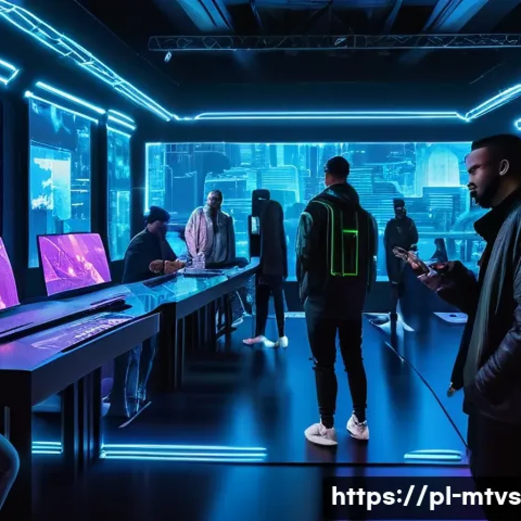 메타버스 페스티벌에서의 팬 경험 향상 방법 - A vibrant digital festival scene inside a futuristic metaverse environment, featuring diverse avatar...