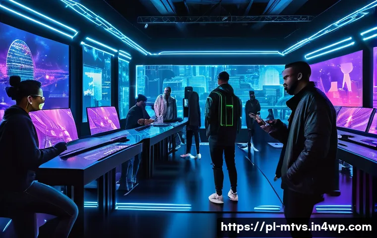 메타버스 페스티벌에서의 팬 경험 향상 방법 - A vibrant digital festival scene inside a futuristic metaverse environment, featuring diverse avatar...