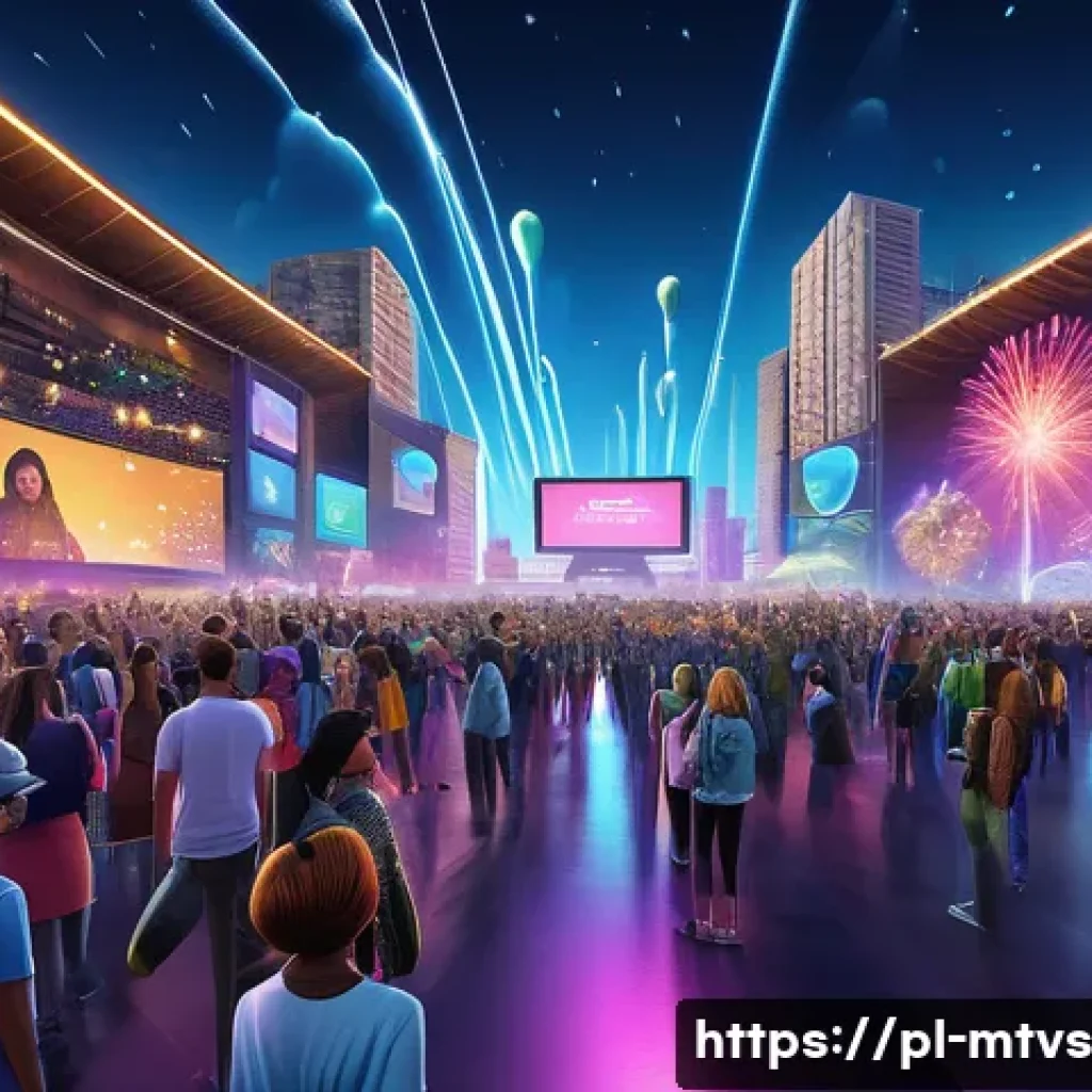 메타버스 페스티벌에서의 실시간 투표 시스템 - A vibrant virtual festival scene in a futuristic metaverse environment, showing diverse participants...