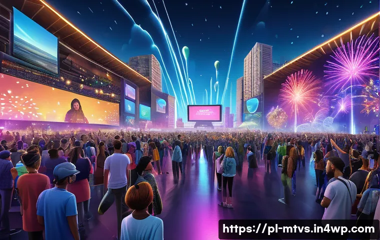메타버스 페스티벌에서의 실시간 투표 시스템 - A vibrant virtual festival scene in a futuristic metaverse environment, showing diverse participants...