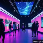 메타버스 페스티벌을 통한 브랜드 홍보 전략 - A vibrant virtual festival scene set in Decentraland, featuring young, tech-savvy attendees explorin...