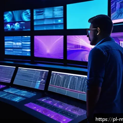 가상 현실 페스티벌의 경제적 영향력 - A dynamic virtual festival control room with diverse technicians in casual attire operating advanced...