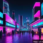메타버스 페스티벌에서 사용할 수 있는 도구 - A vibrant cyberpunk-themed virtual festival scene set in a futuristic 3D cityscape at night, featuri...