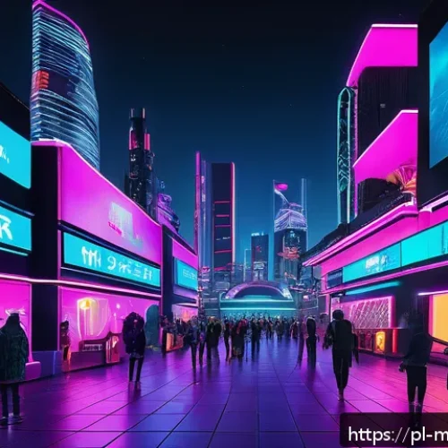 메타버스 페스티벌에서 사용할 수 있는 도구 - A vibrant cyberpunk-themed virtual festival scene set in a futuristic 3D cityscape at night, featuri...