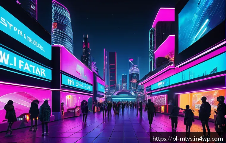 메타버스 페스티벌에서 사용할 수 있는 도구 - A vibrant cyberpunk-themed virtual festival scene set in a futuristic 3D cityscape at night, featuri...