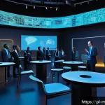 메타버스 페스티벌에서의 네트워킹 전략 - A vibrant virtual networking event in the metaverse, showcasing diverse professional avatars engaged...